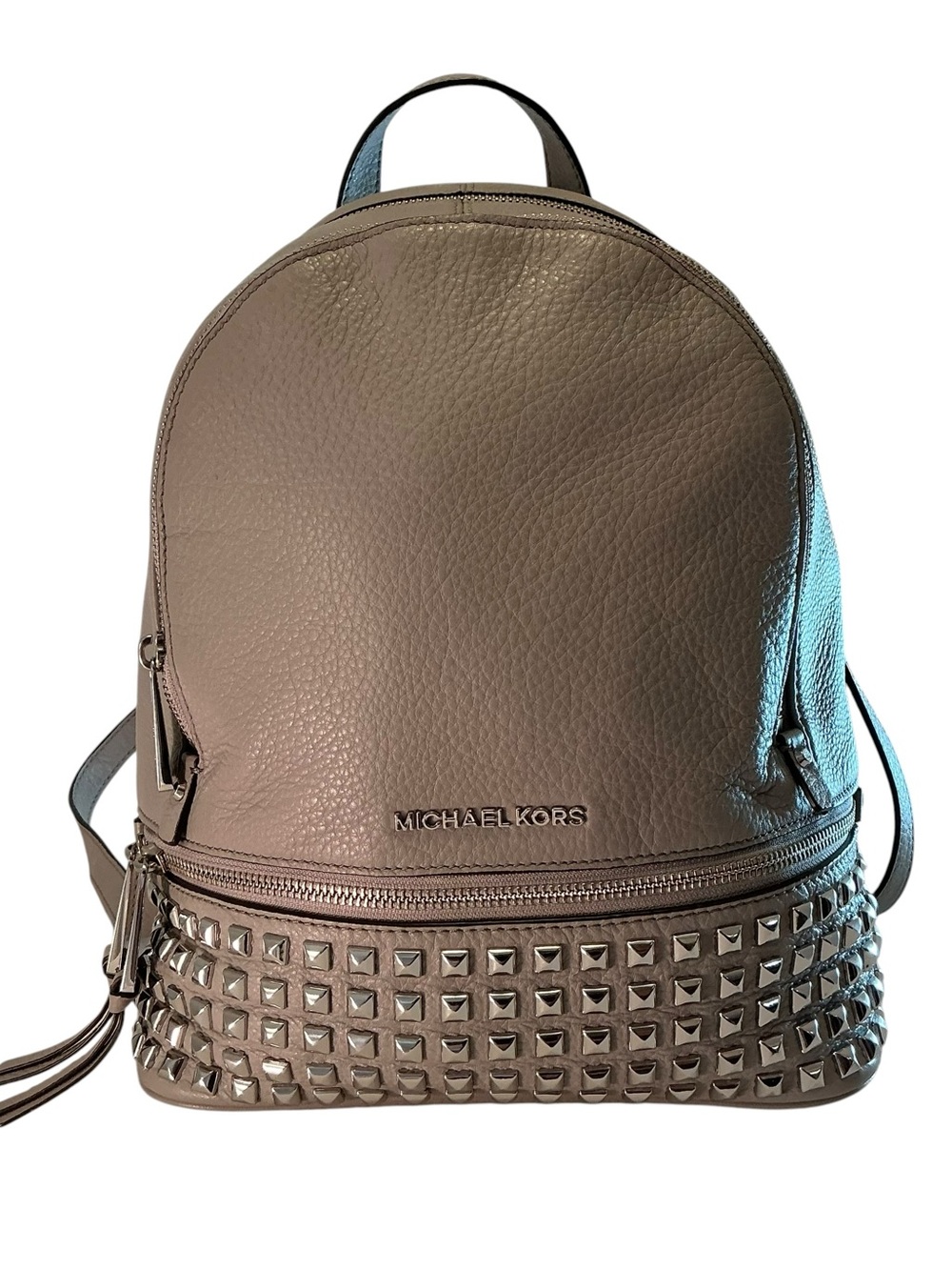 MICHAEL KORS Rhea Zip Studded Backpack Pebbled Leather Bag Pearl Gray- 12"